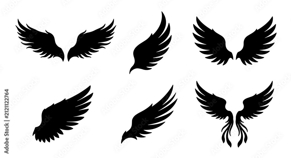 Naklejka premium Black Silhouette Wings Vector Set: Angelic, Bird, and Fantasy Wing Graphics for Design Projects, Tattoo Ideas, and Emblems