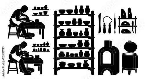 Pottery Craftsmanship Set: Ceramic Artistry, Kiln Firing, and Artisan Tools Vector Collection for Creative Projects