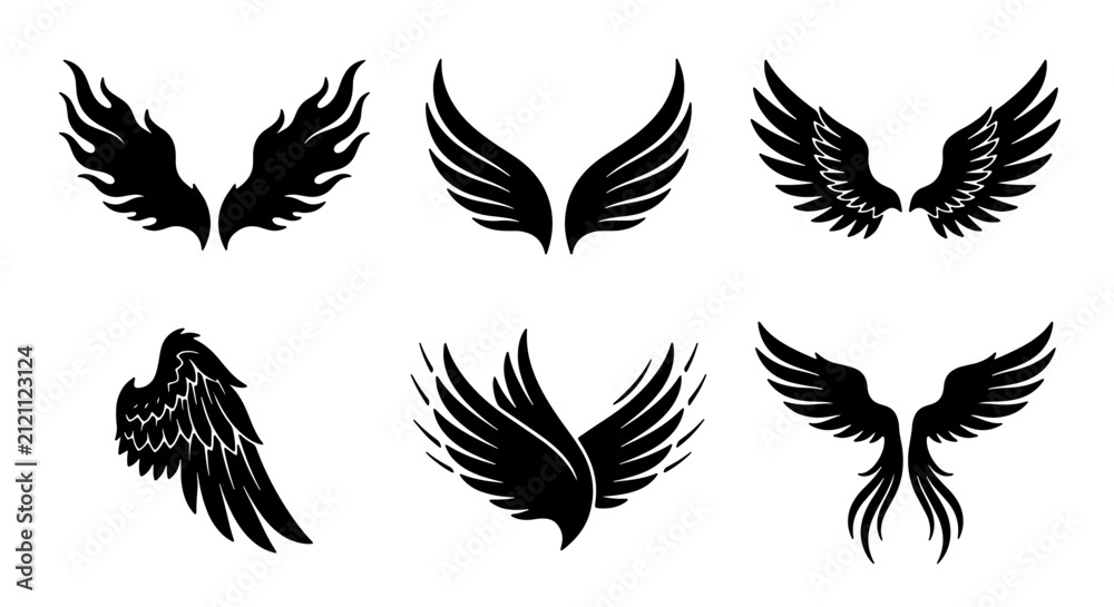 Fototapeta premium Set of Six Black Vector Wings, Angelic Feathered and Flame Designs, Graphic Elements for Fantasy and Spiritual Concepts