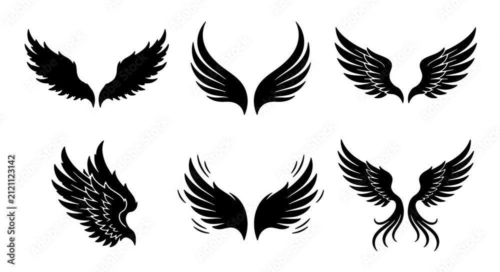 Fototapeta premium Six Black Angel Wings Vector Icons Set, Feathered Wing Designs for Fantasy and Spiritual Concepts, Graphic Elements