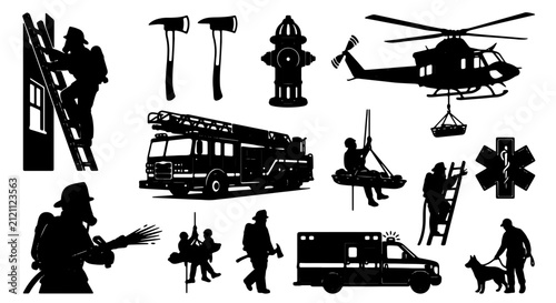 Firefighter Rescue Icons Set, Emergency Services Vector Graphics, Fire Truck, Ambulance, Helicopter, Safety Equipment, Professional Heroes Collection