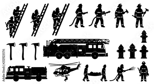 Fotografía Firefighter Silhouettes Collection: Rescue Heroes, Equipment, and Vehicles, Vect