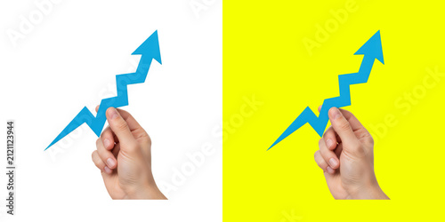 A hand holding a blue rising arrow sign showing business success and growth isolated on transparent background