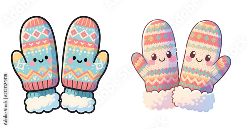 Cute Cartoon Winter Mittens Isolated on Transparent Background PNG, Warm Gloves Clipart