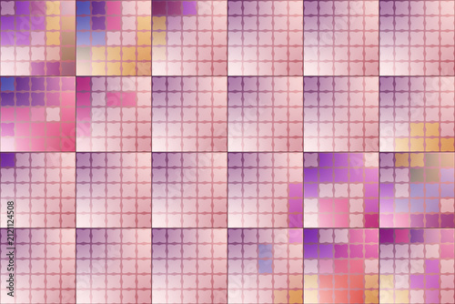 A pink geometric checkerboard grid wallpaper with repeating tiled square shapes, accented by vibrant purple and yellow hues in opposing corners.