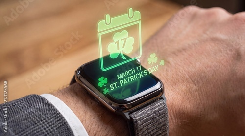 Smartwatch displaying st patrick day holographic calendar notification on wrist of person wearing