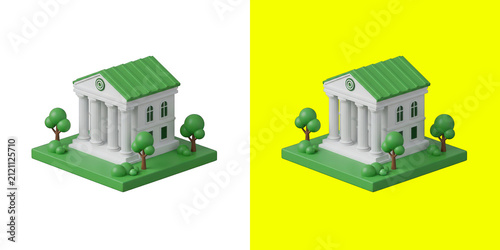 Isometric 3d pixel art bank building with green trees on a small patch of grass isolated on transparent background
