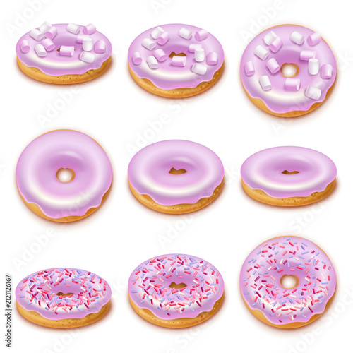 Collection of delicious donuts sprinkles sugar glaze, marshmallows and chopped nuts. Fast food isolated on a white background. Realistic style. 