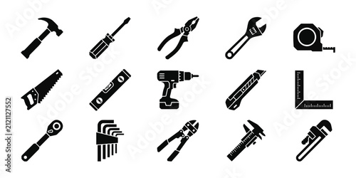Quadro su tela Set of fifteen black silhouette icons representing various construction tools an