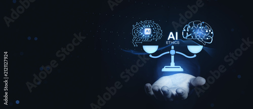 Foto Glowing AI ethics balance with brain and chip symbols above an open hand on a dark futuristic background, responsible technology concept