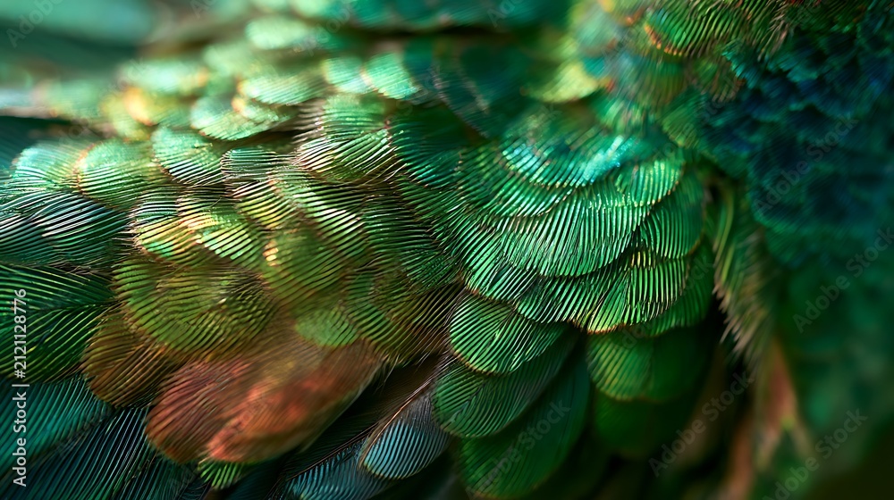 Fototapeta premium Macro view of iridescent green hummingbird feathers texture.