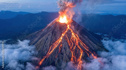Violent volcanic eruption spewing glowing molten lava down steep mountain slopes under twilight sky