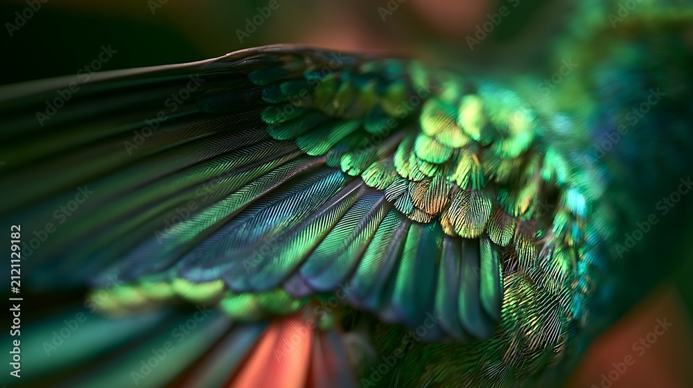 Fototapeta premium Close up macro shot of iridescent hummingbird feathers showing vibrant green and blue textures.