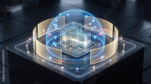 Futuristic digital technology concept showcasing a 3D structure surrounded by a protective holographic dome.