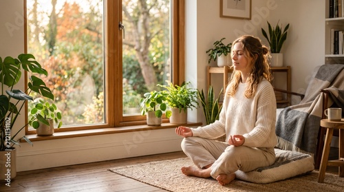 Woman meditating in a serene indoor setting with plants