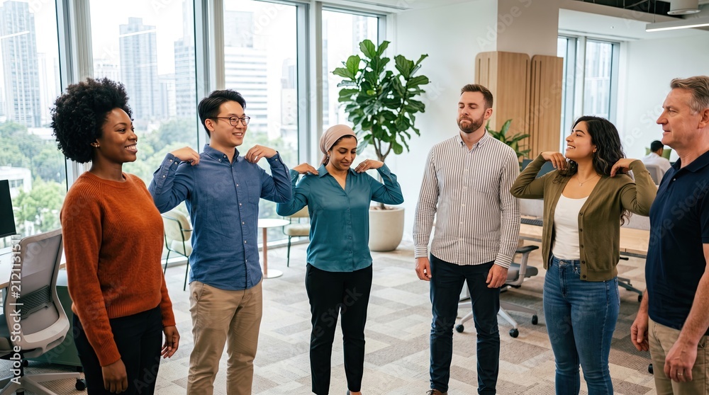 Obraz premium Group of diverse professionals engaging in a team-building exercise in a modern office environment.