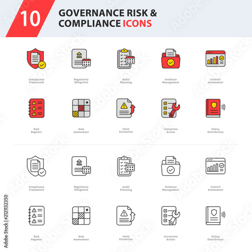 Governance, Risk and Compliance icon collection featuring compliance management, audit workflows, enterprise risk, internal controls, and corrective actions.

