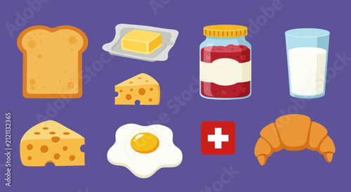 Swiss breakfast food items.