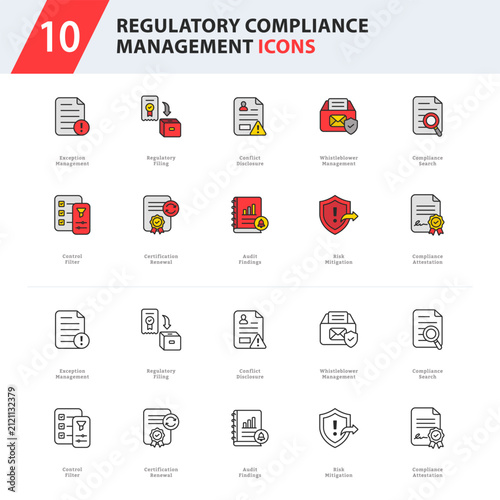 regulatory compliance management icon collection featuring regulatory reporting, audit findings, certification management, ethics reporting, and compliance verification.
