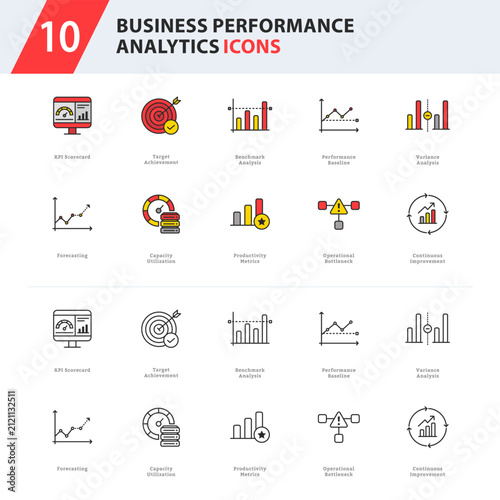 business performance analytics icon collection featuring KPI scorecards, forecasting, benchmarking, productivity metrics, and continuous improvement.
