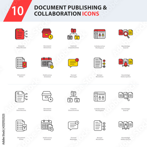 document publishing and collaboration icon collection featuring document governance, collaboration workspaces, review workflows, and knowledge sharing.
