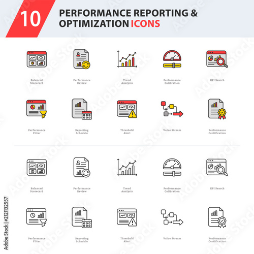 performance reporting and optimization icon collection featuring scorecards, trend analysis, reporting schedules, operational monitoring, and value stream management.
