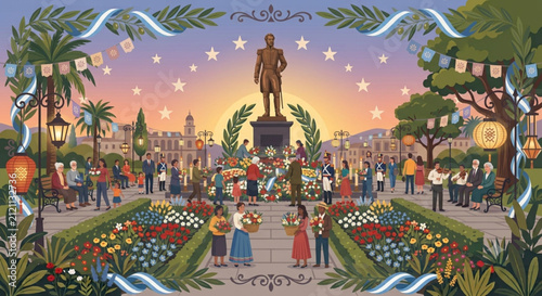 Celebration in a historic town square with floral displays and musical performances. Festive scene with diverse people gathering at sunset.
