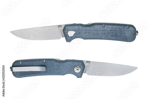 Fotografía Two modern folding pocket knives open from both sides isolated on white back
