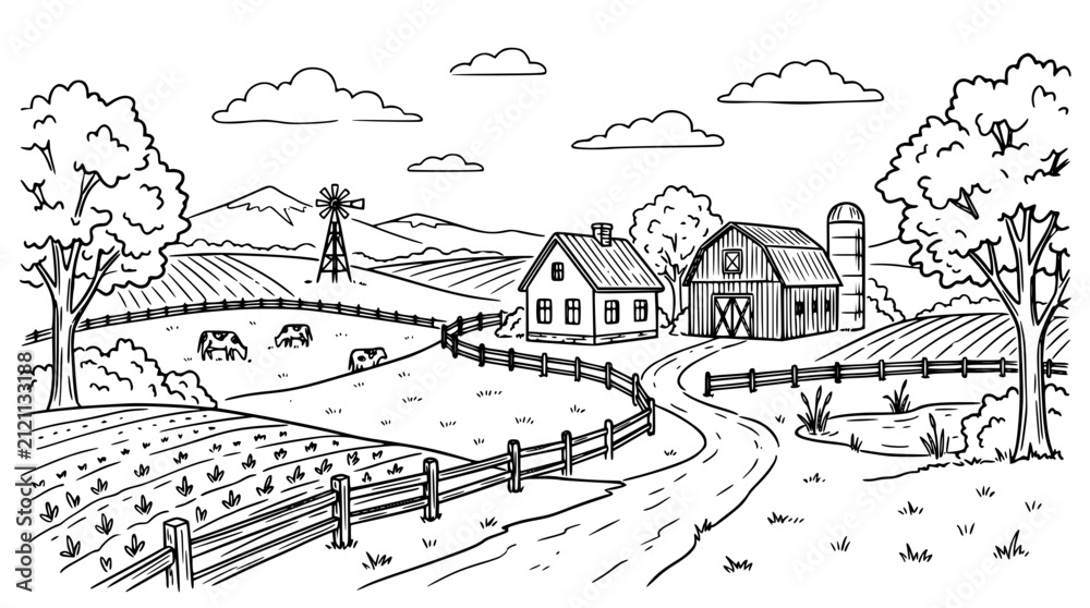 Fototapeta premium Rural Farm Landscape Line Art Vector Illustration with Farmhouse Barn Silo Windmill and Grazing Cattle for Countryside Graphic Design Projects