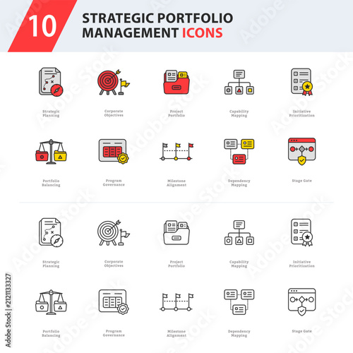 strategic portfolio management icon collection featuring enterprise planning, portfolio governance, program management, and project delivery workflows.
