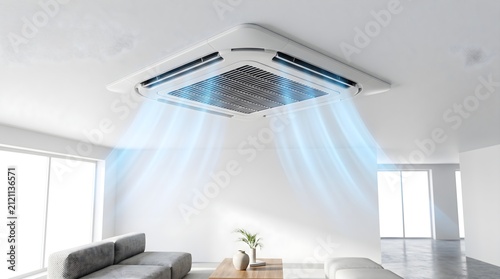 Modern ceiling cassette air conditioner blowing fresh cool air in a bright minimalist living room interior for a smart home comfort concept