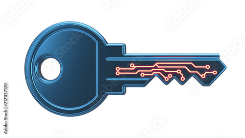 Blue digital security key with glowing circuit board pattern