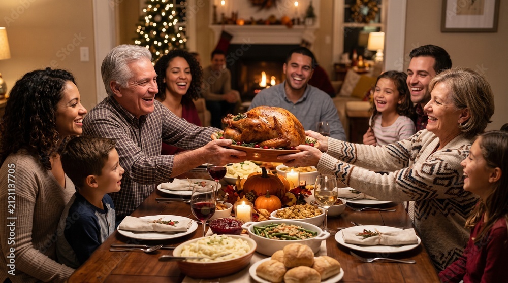 Fototapeta premium Multi generational family enjoying a festive holiday dinner with a roasted turkey at the center of the table