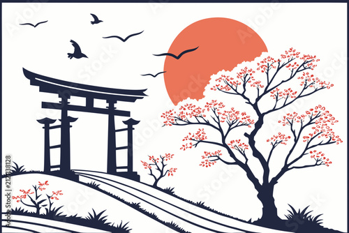 Traditional Japanese temple gate illustration. Scenic landscape with cherry blossom tree and flying birds