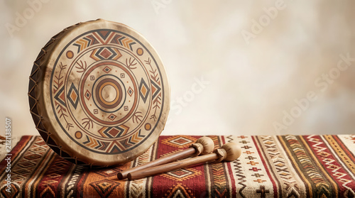 Handcrafted Wooden Drum with Tribal Beadwork Resting on Woven Fabric Pattern, Soft Blurred Background for International Day of the Worlds Indigenous Peoples, Cultural Heritage Concept
