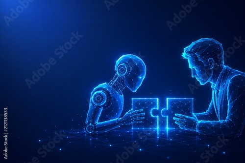 Abstract digital illustration of a human and robot connecting puzzle pieces to represent collaboration. futuristic AI & robotics with collaboration, connection, technology. futuristic AI & robotics