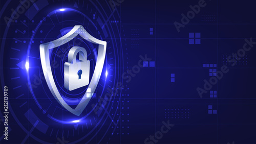 Modern cybersecurity, shield, lock, protection, and security illustration with futuristic digital interface, encrypted network, and blue technology background