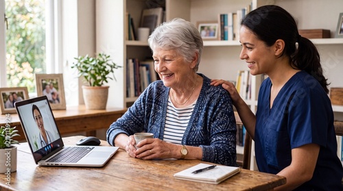 A caregiver and elderly woman enjoy a virtual chat, highlighting the bond created through technology and communication.