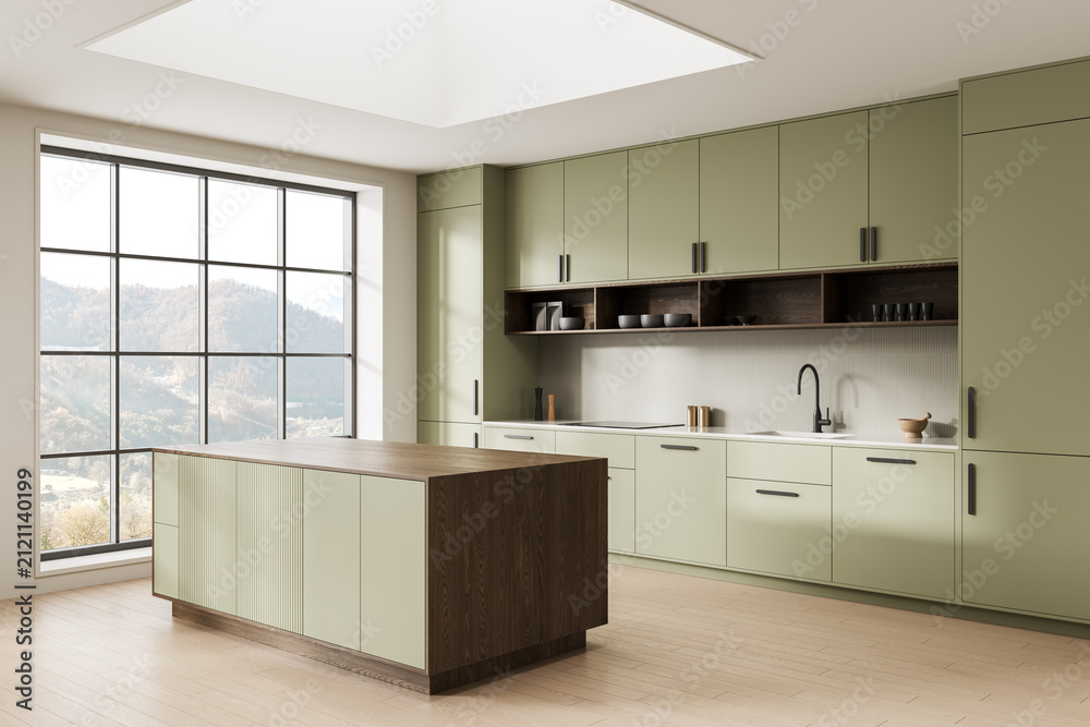 Obraz premium Modern sage kitchen interior with island, tall cabinets, panoramic window, wood accents, and soft daylight in a serene home space. 3D Rendering