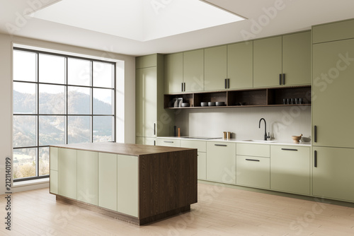 Modern sage kitchen interior with island, tall cabinets, panoramic window, wood accents, and soft daylight in a serene home space. 3D Rendering