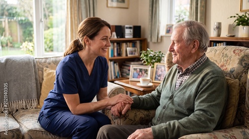 A caregiver shares a warm moment with an elderly man in a cozy home setting, highlighting compassion and care.