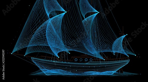 Intricate blue wireframe sailing ship depicted against a dark backdrop.