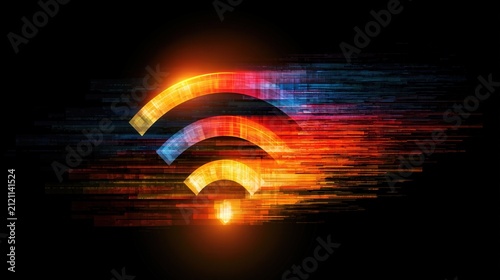 Digital signal emanating with colorful energy streaks across a dark background.
