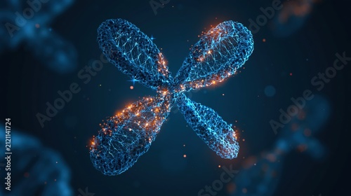 Microscopic view of a glowing chromosome with intricate network details.