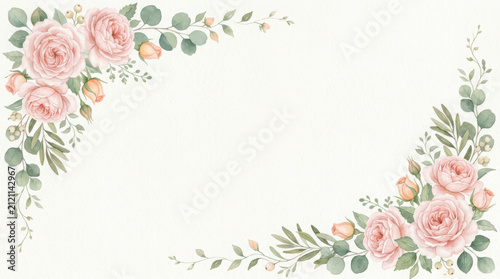 Watercolor floral corner frame with soft pink roses and green eucalyptus leaves generated using ai