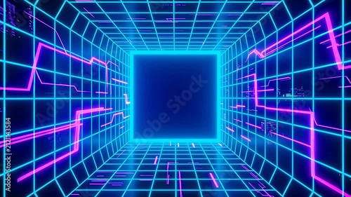 Cyber tunnel with blue neon and purple beams