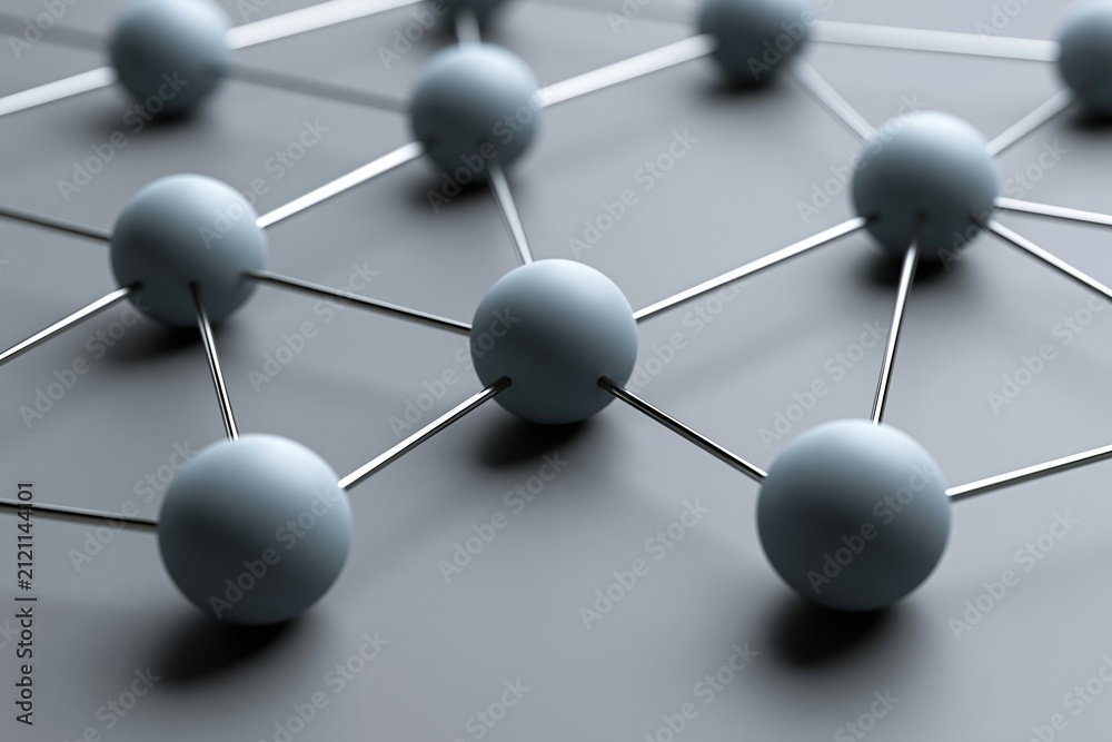 Fototapeta premium Matte spheres connected by thin metallic rods forming an organized network on gray surface