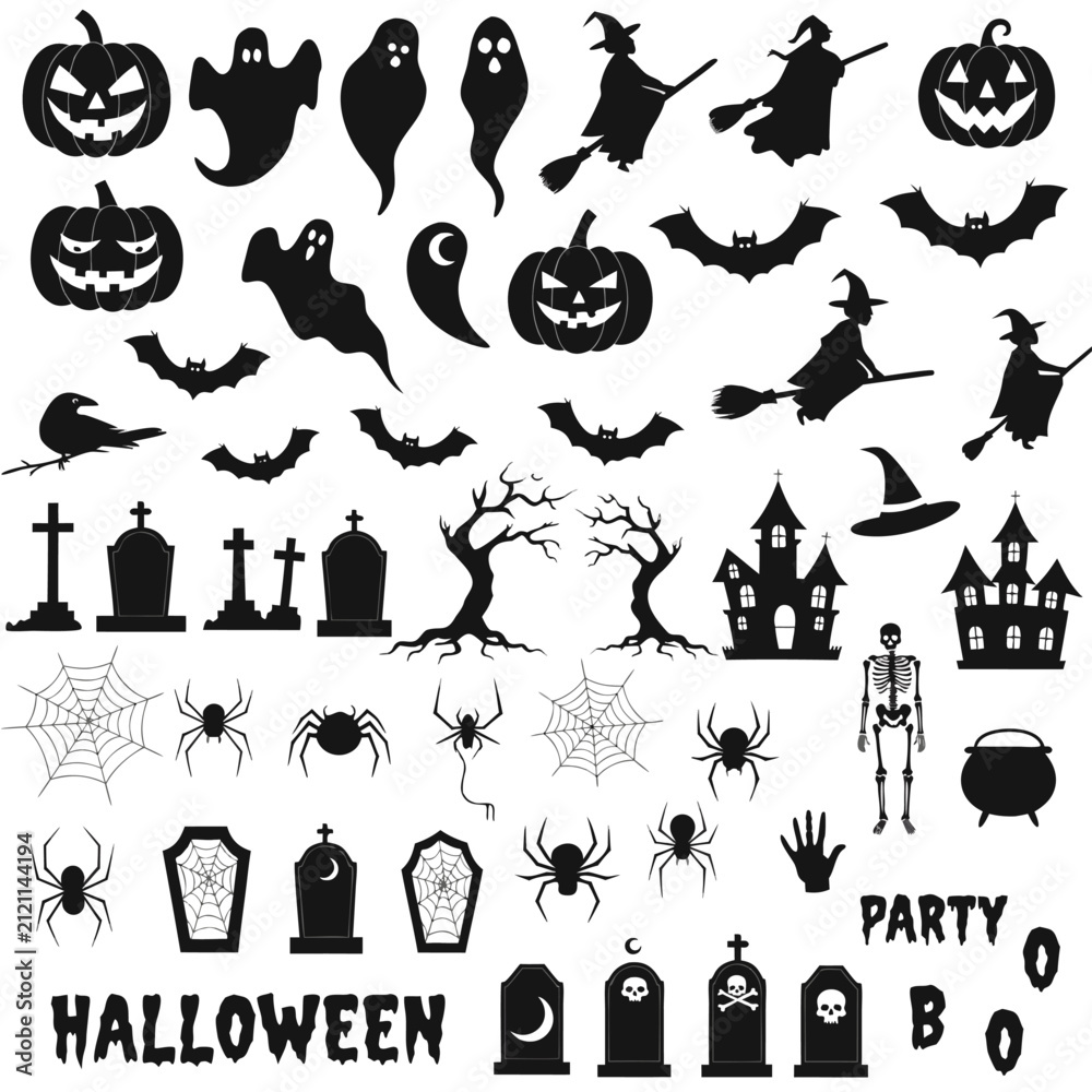 Fototapeta premium Comprehensive halloween vector icon set with silhouettes of spooky characters and objects