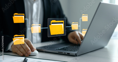 Digital document management system with virtual folders, file organization and electronic archive interface for business workflow automation and corporate data storage.	
