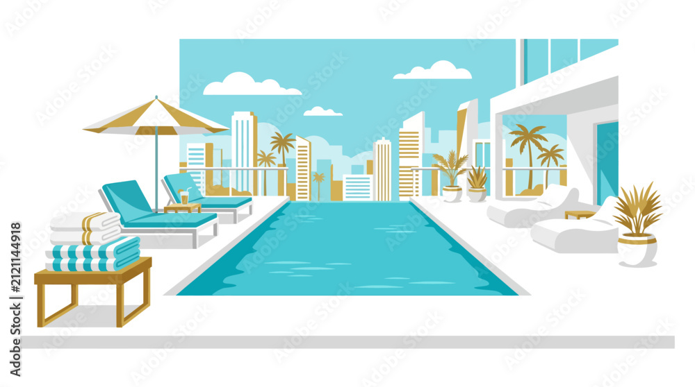 Fototapeta premium Luxury swimming pool with urban city skyline view.